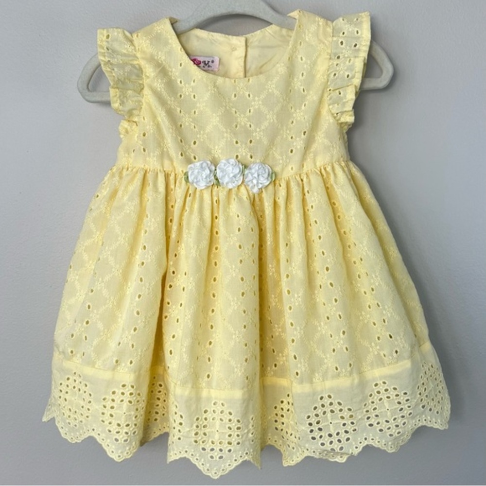 Baby Girl 6-9M Butter Yellow Schiffli Eyelet Dress White Flowers Cottagecore